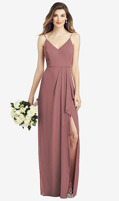 【STYLE: 6820】Spaghetti Strap Draped Skirt Gown with Front Slit【COLOR: Rosewood】