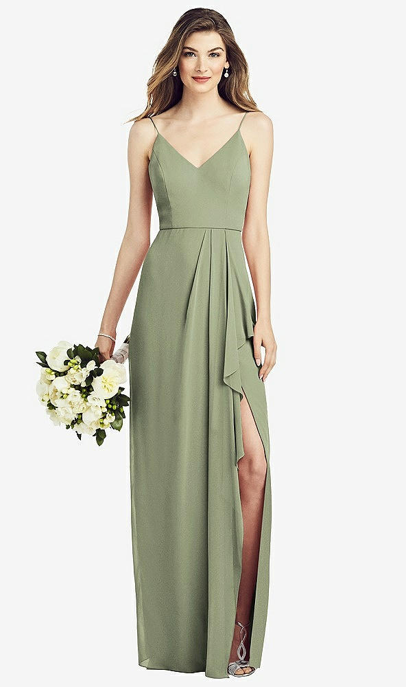 【STYLE: 6820】Spaghetti Strap Draped Skirt Gown with Front Slit【COLOR: Sage】