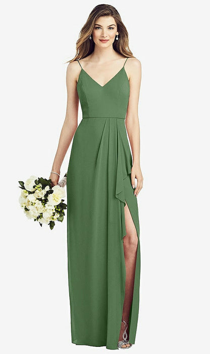 【STYLE: 6820】Spaghetti Strap Draped Skirt Gown with Front Slit【COLOR: Vineyard Green】