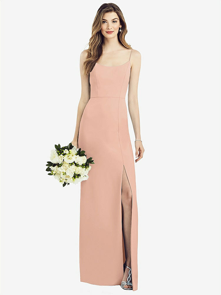 【NEW】【STYLE: 6822】スパゲッティ ストラップ Vバック クレープ ガウン 前面 スリット【COLOR: Pale Peach】【SIZE: 00-30W】