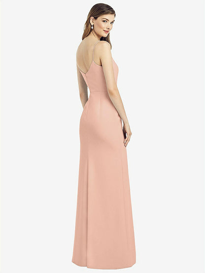 【NEW】【STYLE: 6822】スパゲッティ ストラップ Vバック クレープ ガウン 前面 スリット【COLOR: Pale Peach】【SIZE: 00-30W】