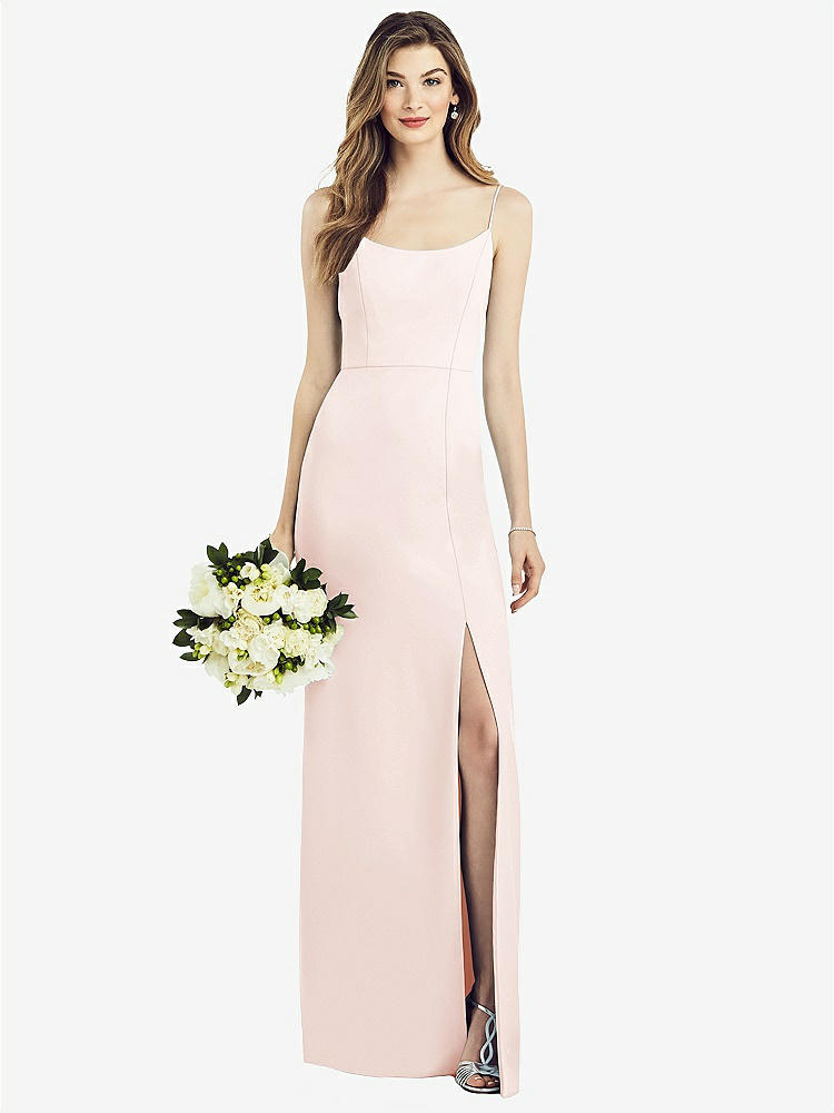 【NEW】【STYLE: 6822】スパゲッティ ストラップ Vバック クレープ ガウン 前面 スリット【COLOR: Blush】【SIZE: 00-30W】