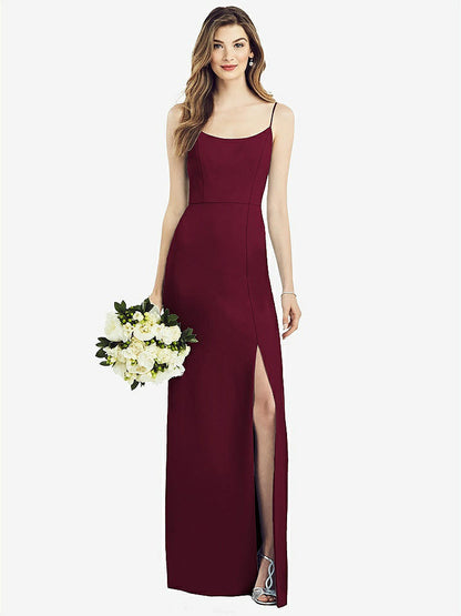 【NEW】【STYLE: 6822】スパゲッティ ストラップ Vバック クレープ ガウン 前面 スリット【COLOR: Cabernet】【SIZE: 00-30W】