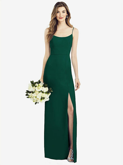 【STYLE: 6822】Spaghetti Strap V-Back Crepe Gown with Front Slit【COLOR: Hunter Green】