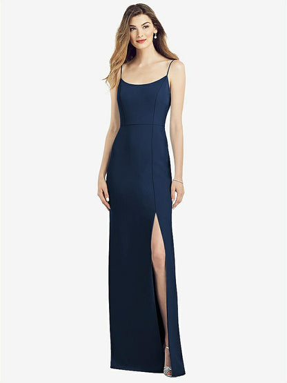 【NEW】【STYLE: 6822】スパゲッティ ストラップ Vバック クレープ ガウン 前面 スリット【COLOR: Midnight Navy】【SIZE: 00-30W】