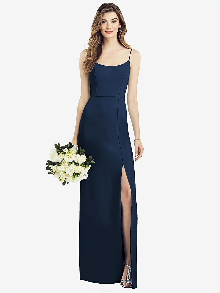 【NEW】【STYLE: 6822】スパゲッティ ストラップ Vバック クレープ ガウン 前面 スリット【COLOR: Midnight Navy】【SIZE: 00-30W】