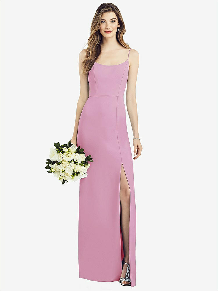 【NEW】【STYLE: 6822】スパゲッティ ストラップ Vバック クレープ ガウン 前面 スリット【COLOR: Powder Pink】【SIZE: 00-30W】