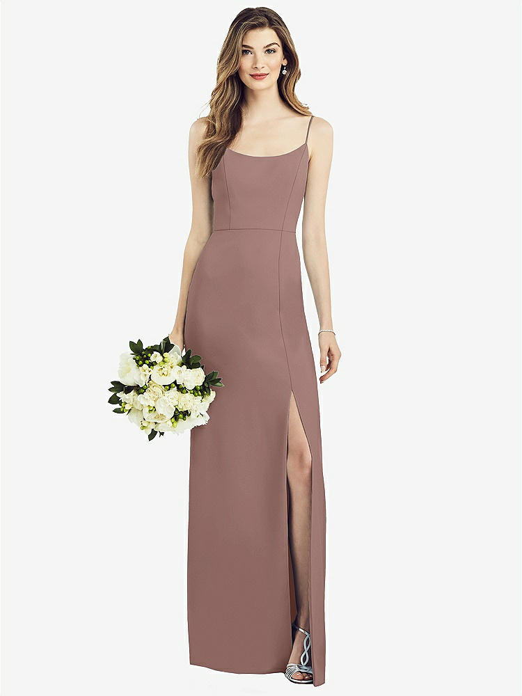 【STYLE: 6822】Spaghetti Strap V-Back Crepe Gown with Front Slit【COLOR: Sienna】