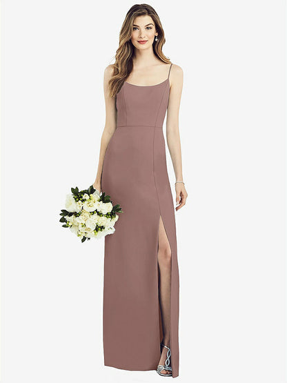 【STYLE: 6822】Spaghetti Strap V-Back Crepe Gown with Front Slit【COLOR: Sienna】