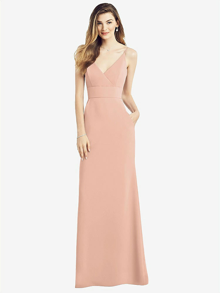【NEW】【STYLE: 6824】Vバック スパゲッティ ストラップ マキシ ドレス ポケット付き【COLOR: Pale Peach】【SIZE: 00-30W】