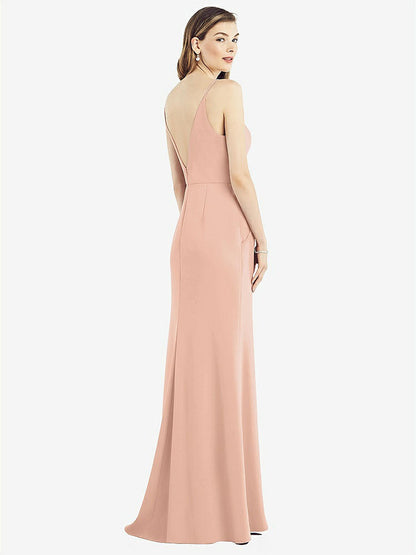 【NEW】【STYLE: 6824】Vバック スパゲッティ ストラップ マキシ ドレス ポケット付き【COLOR: Pale Peach】【SIZE: 00-30W】
