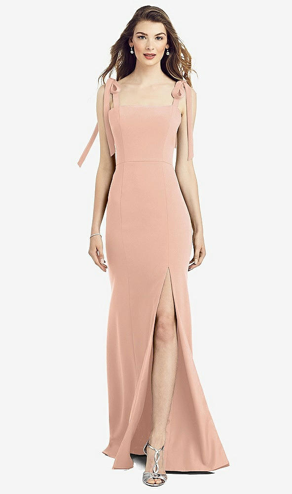 【NEW】【STYLE: 6826】脂肪 タイショルダー クレープ トランペット ガウン 前面 スリット【COLOR: Pale Peach】【SIZE: 00-30W】