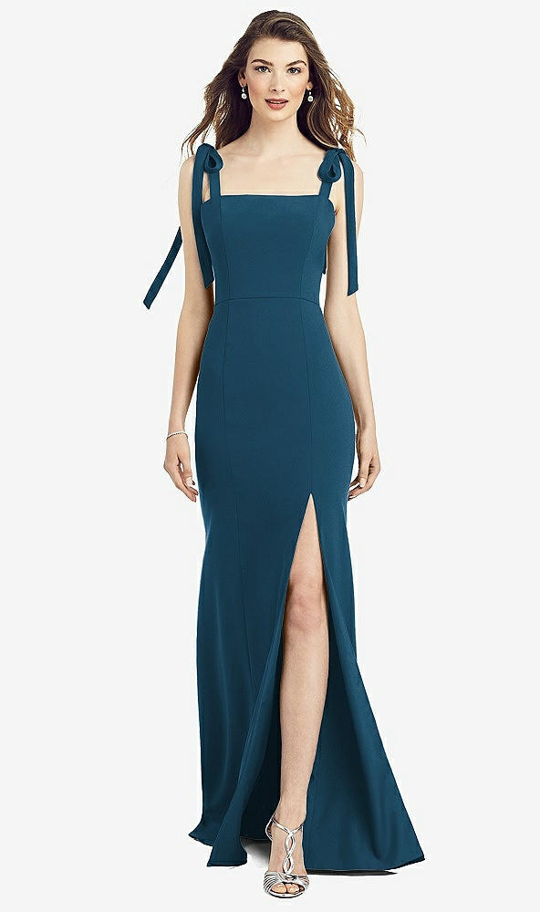 【STYLE: 6826】Flat Tie-Shoulder Crepe Trumpet Gown with Front Slit【COLOR: Atlantic Blue】