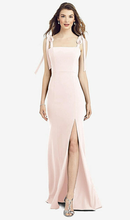【NEW】【STYLE: 6826】脂肪 タイショルダー クレープ トランペット ガウン 前面 スリット【COLOR: Blush】【SIZE: 00-30W】
