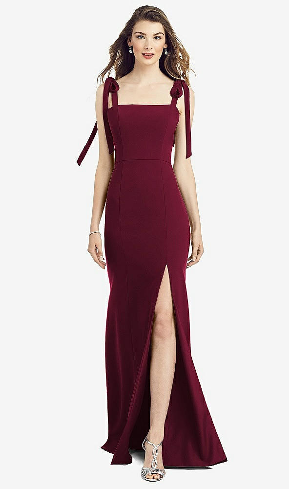 【NEW】【STYLE: 6826】脂肪 タイショルダー クレープ トランペット ガウン 前面 スリット【COLOR: Cabernet】【SIZE: 00-30W】