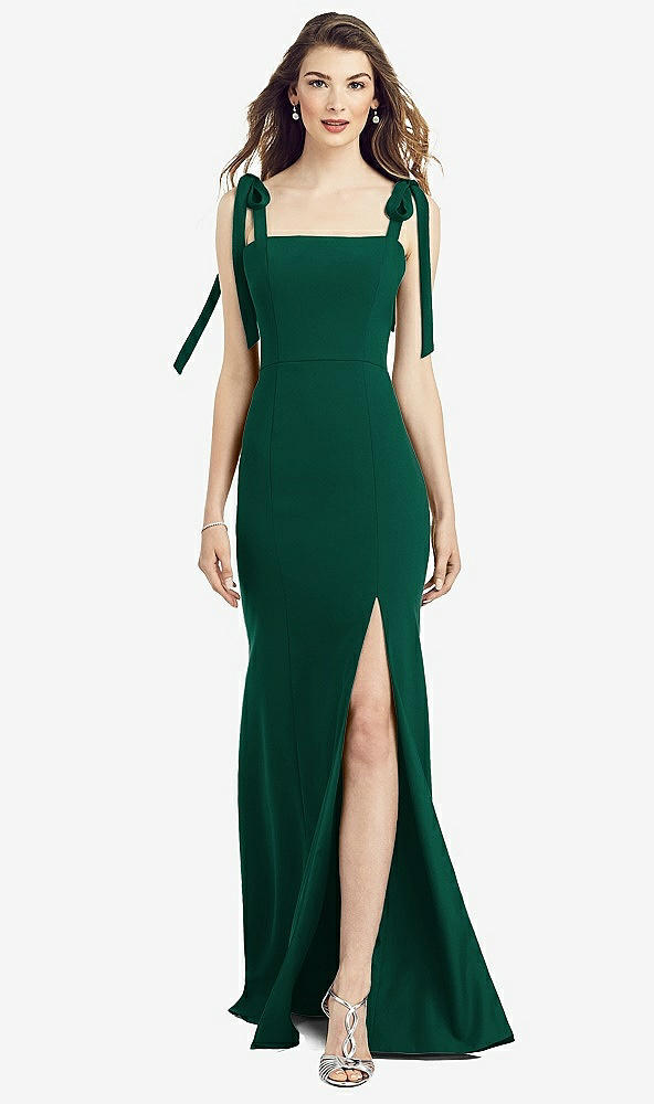 【STYLE: 6826】Flat Tie-Shoulder Crepe Trumpet Gown with Front Slit【COLOR: Hunter Green】