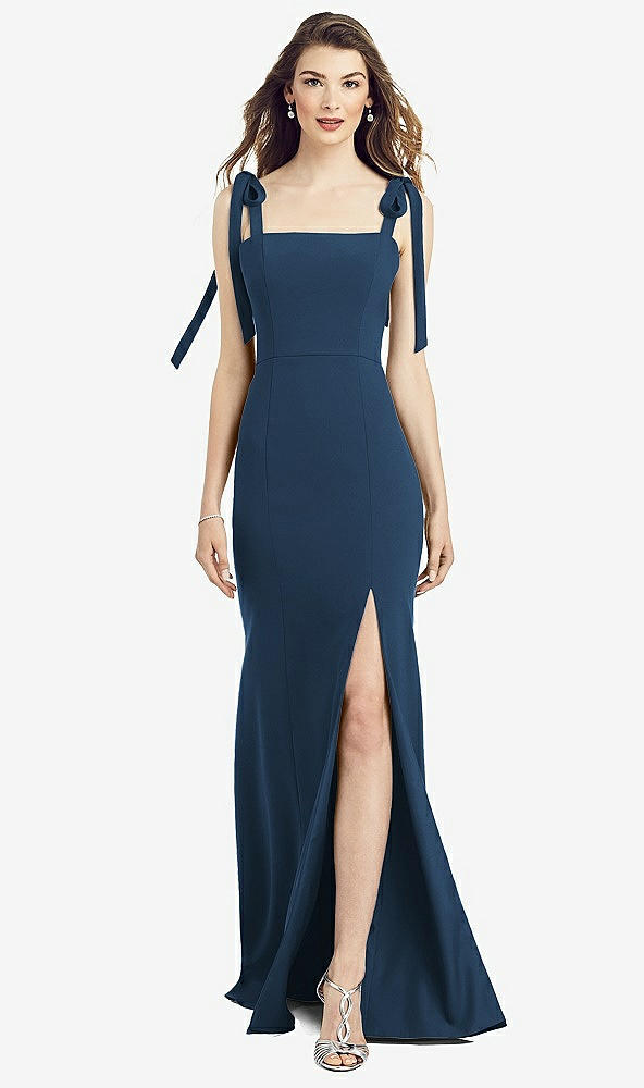 【STYLE: 6826】Flat Tie-Shoulder Crepe Trumpet Gown with Front Slit【COLOR: Sofia Blue】