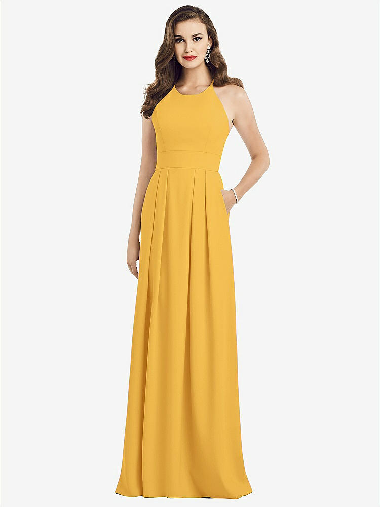【STYLE: 3058】Criss Cross Back Crepe Halter Dress with Pockets【COLOR: NYC Yellow】