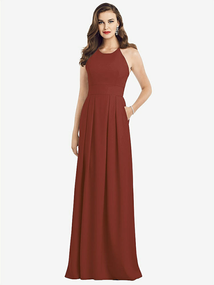 【STYLE: 3058】Criss Cross Back Crepe Halter Dress with Pockets【COLOR: Auburn Moon】