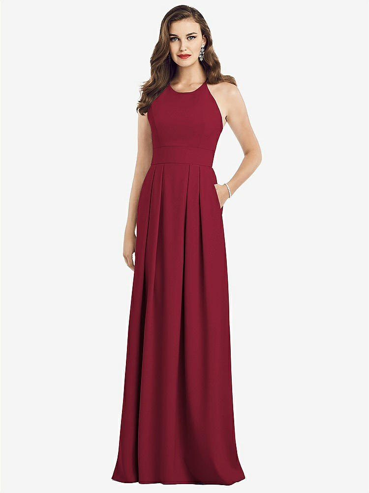 【STYLE: 3058】Criss Cross Back Crepe Halter Dress with Pockets【COLOR: Burgundy】