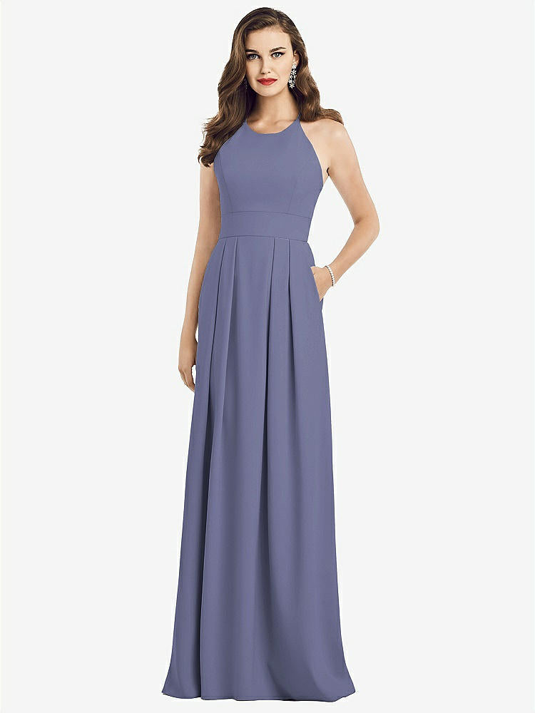 【NEW】【STYLE: 3058】クロス クロス 背中 クレープ ホルター ドレス ポケット付き【COLOR: French Blue】【SIZE: 00-30W】
