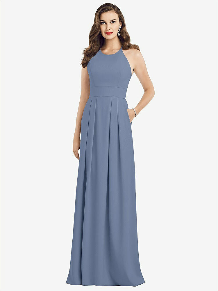【NEW】【STYLE: 3058】クロス クロス 背中 クレープ ホルター ドレス ポケット付き【COLOR: Larkspur Blue】【SIZE: 00-30W】