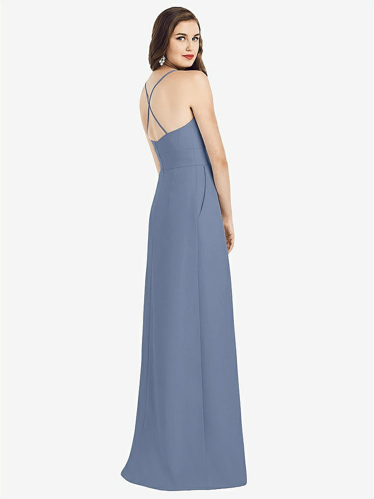 【STYLE: 3058】Criss Cross Back Crepe Halter Dress with Pockets【COLOR: Larkspur Blue】
