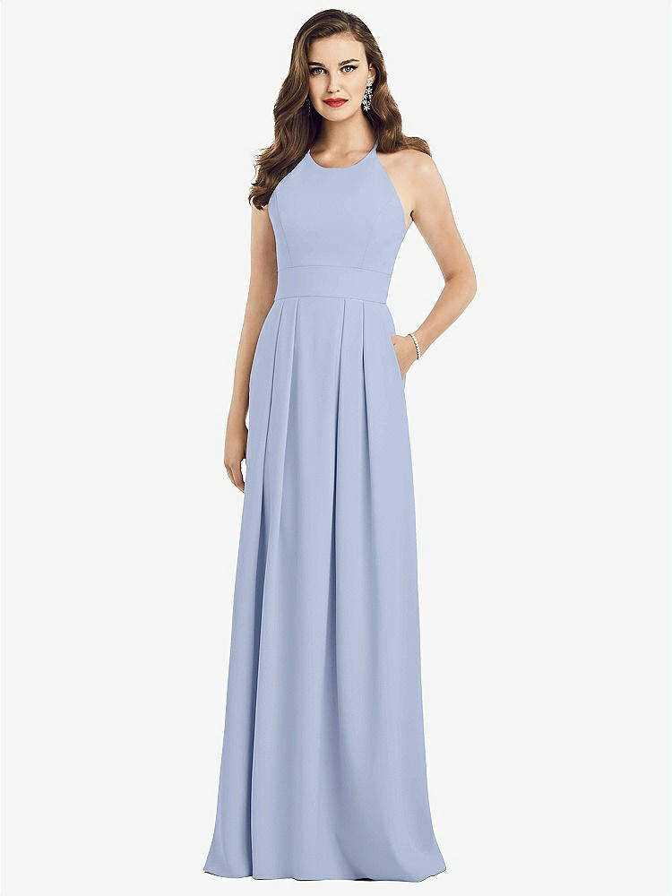 【NEW】【STYLE: 3058】クロス クロス 背中 クレープ ホルター ドレス ポケット付き【COLOR: Sky Blue】【SIZE: 00-30W】