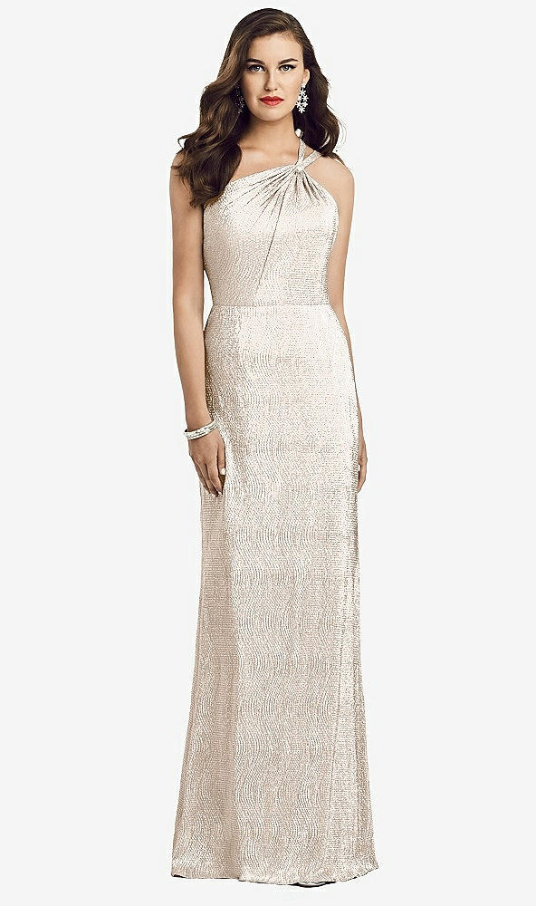 【STYLE: 3064】One-Shoulder Twist Metallic Trumpet Gown【COLOR: Rose Gold】
