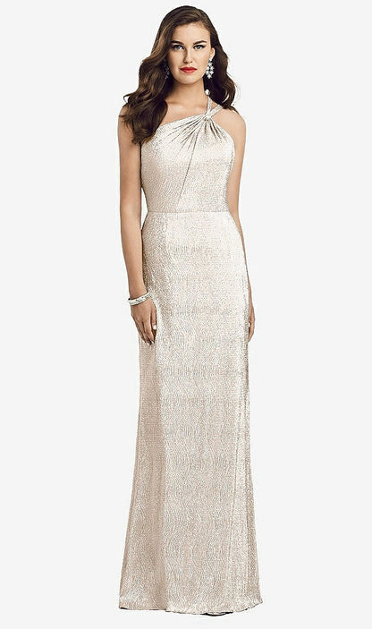 【STYLE: 3064】One-Shoulder Twist Metallic Trumpet Gown【COLOR: Rose Gold】
