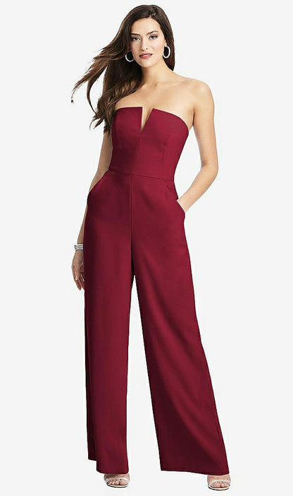 【STYLE: 3066】Strapless Notch Crepe Jumpsuit with Pockets【COLOR: Burgundy】