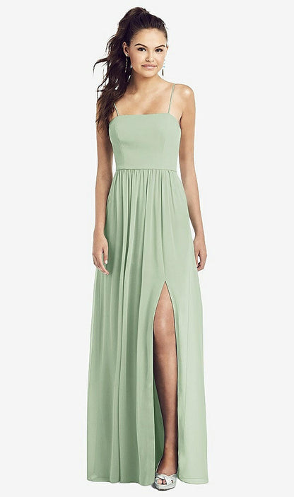 【STYLE: TH017】Slim Spaghetti Strap Chiffon Dress with Front Slit 【COLOR: Celadon】
