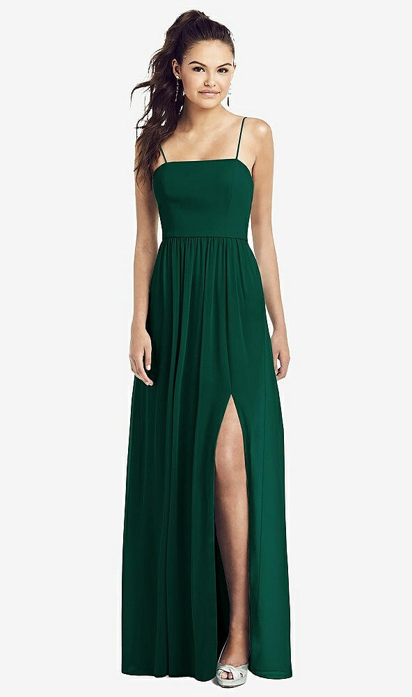 【STYLE: TH017】Slim Spaghetti Strap Chiffon Dress with Front Slit 【COLOR: Hunter Green】