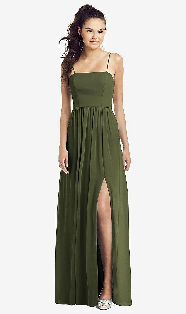 【STYLE: TH017】Slim Spaghetti Strap Chiffon Dress with Front Slit 【COLOR: Olive Green】