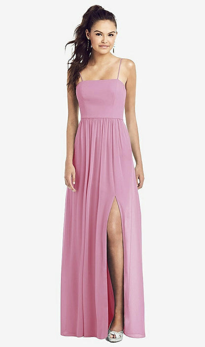 【STYLE: TH017】Slim Spaghetti Strap Chiffon Dress with Front Slit 【COLOR: Powder Pink】