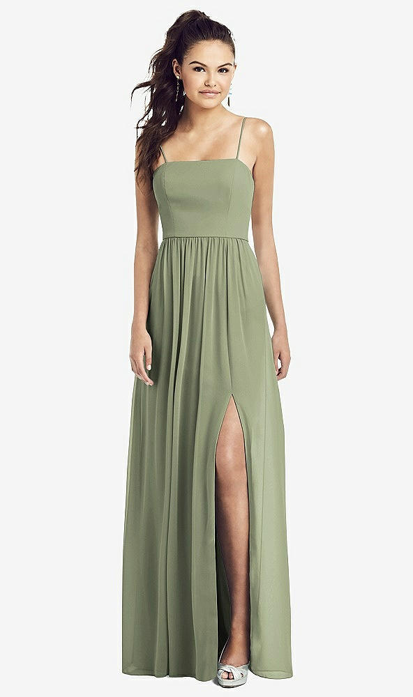 【STYLE: TH017】Slim Spaghetti Strap Chiffon Dress with Front Slit 【COLOR: Sage】