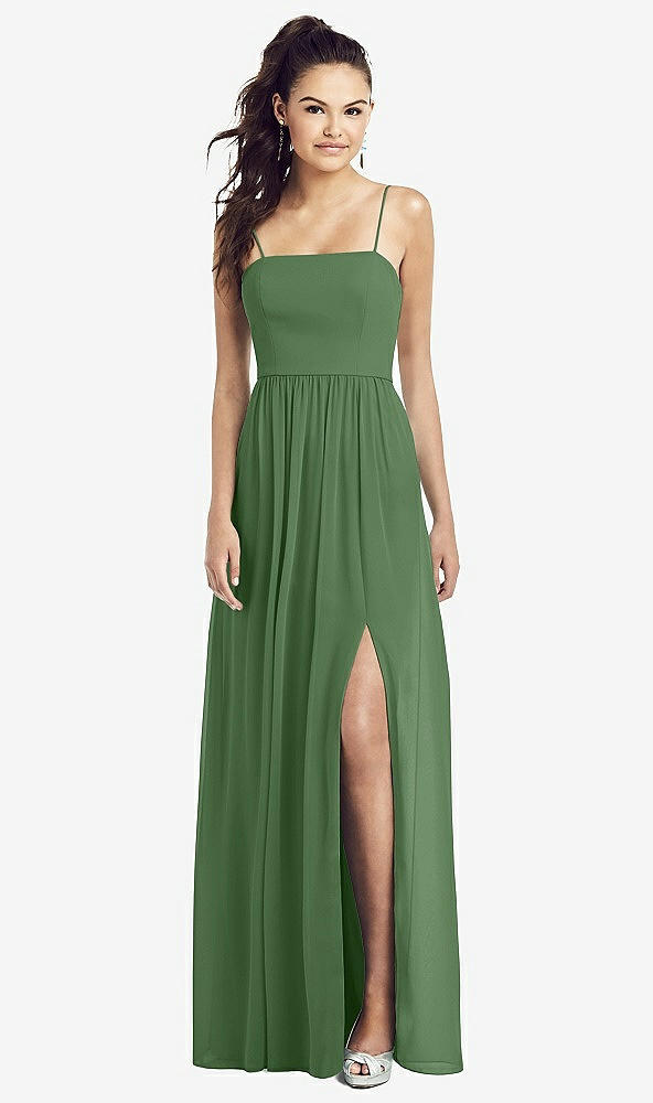 【STYLE: TH017】Slim Spaghetti Strap Chiffon Dress with Front Slit 【COLOR: Vineyard Green】