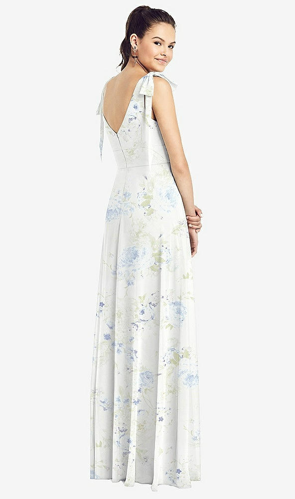 【STYLE: TH018】Bow-Shoulder V-Back Chiffon Gown with Front Slit【COLOR: Bleu Garden】