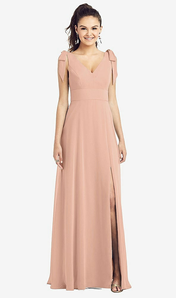 【STYLE: TH018】Bow-Shoulder V-Back Chiffon Gown with Front Slit【COLOR: Pale Peach】
