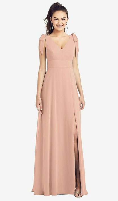 【STYLE: TH018】Bow-Shoulder V-Back Chiffon Gown with Front Slit【COLOR: Pale Peach】