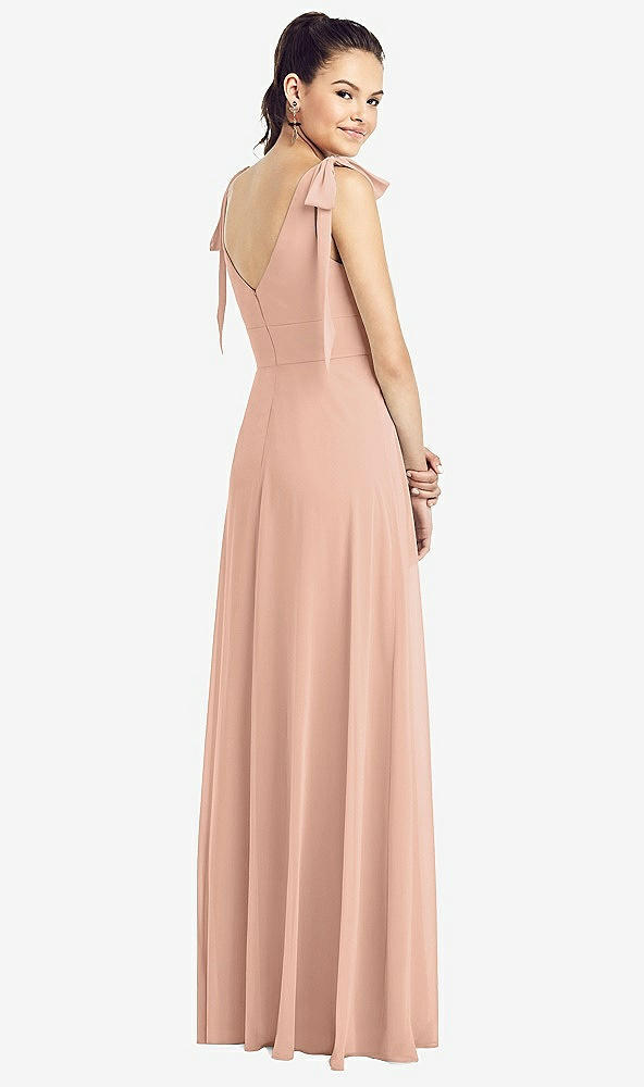 【STYLE: TH018】Bow-Shoulder V-Back Chiffon Gown with Front Slit【COLOR: Pale Peach】