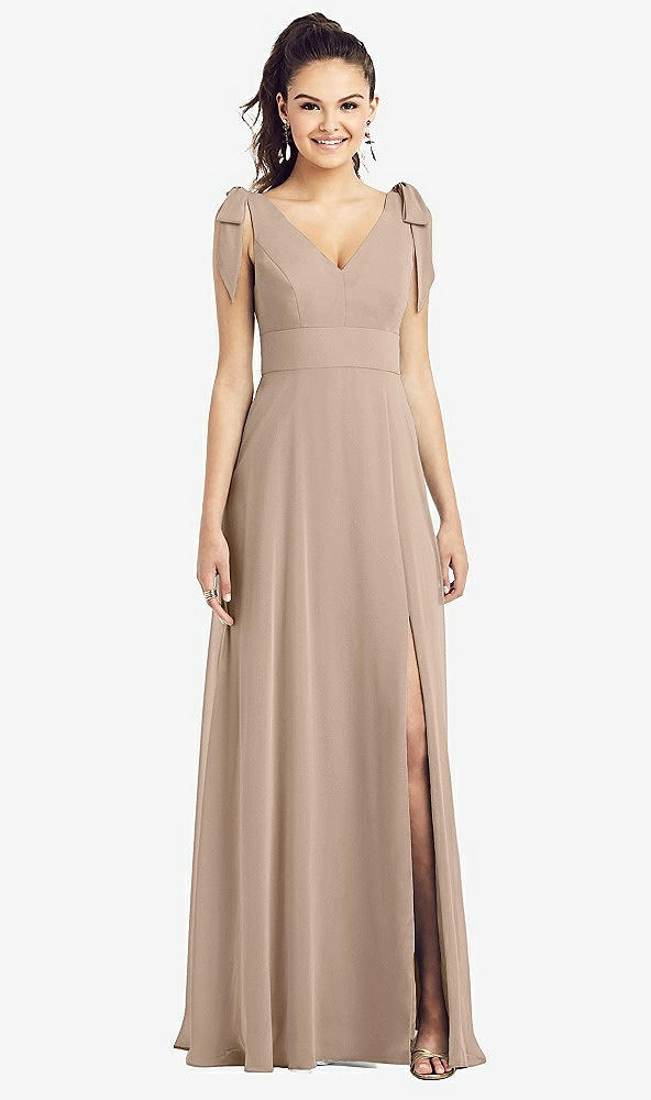 【STYLE: TH018】Bow-Shoulder V-Back Chiffon Gown with Front Slit【COLOR: Topaz】