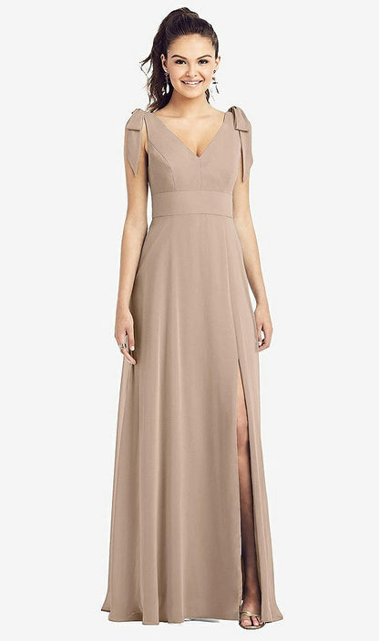 【STYLE: TH018】Bow-Shoulder V-Back Chiffon Gown with Front Slit【COLOR: Topaz】