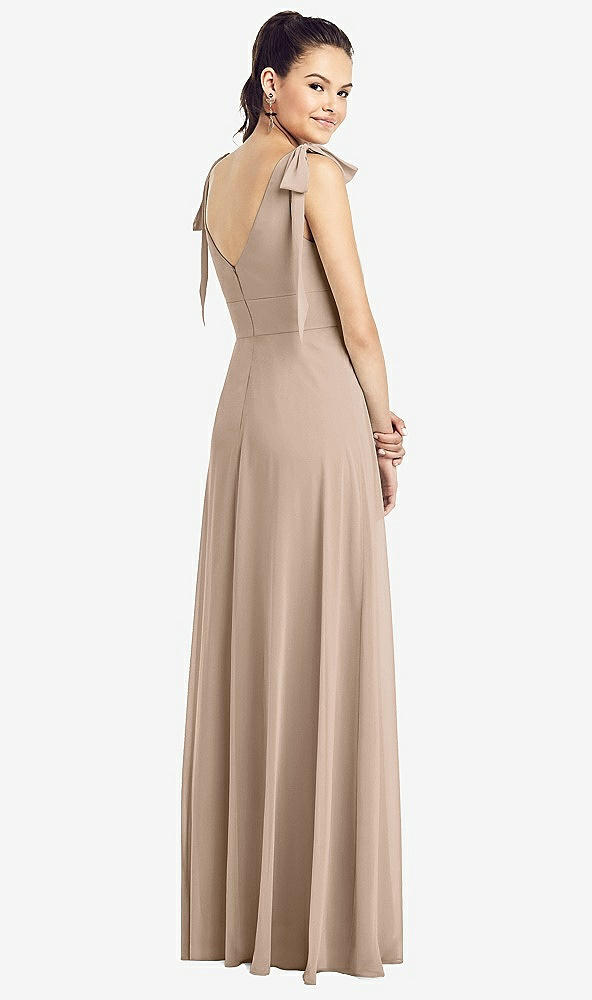 【STYLE: TH018】Bow-Shoulder V-Back Chiffon Gown with Front Slit【COLOR: Topaz】