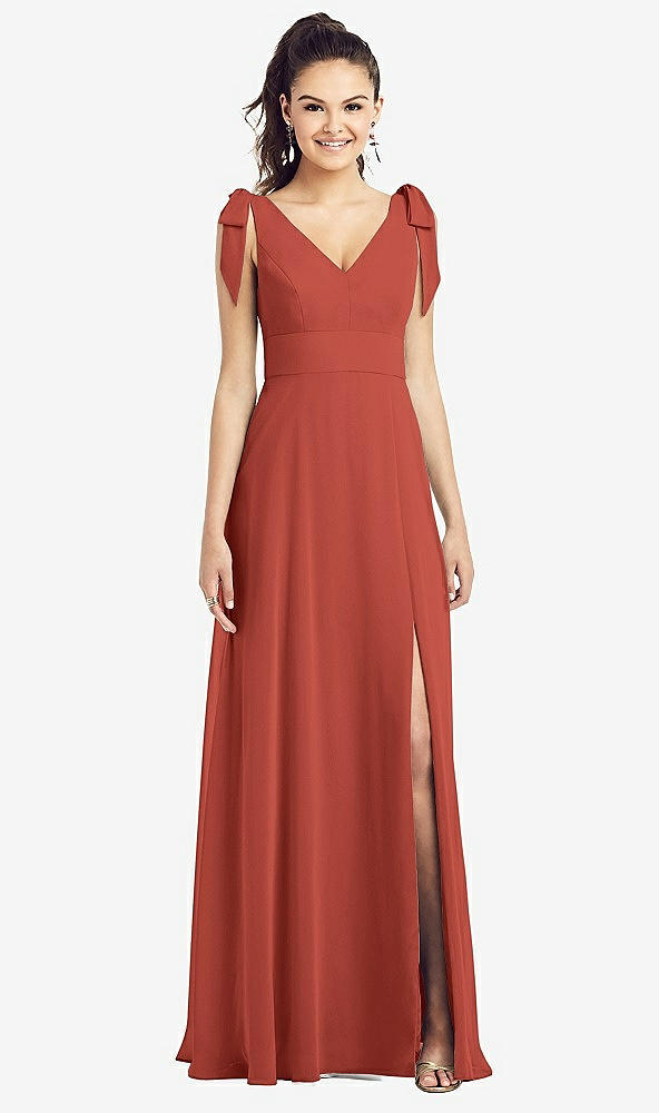 【STYLE: TH018】Bow-Shoulder V-Back Chiffon Gown with Front Slit【COLOR: Amber Sunset】