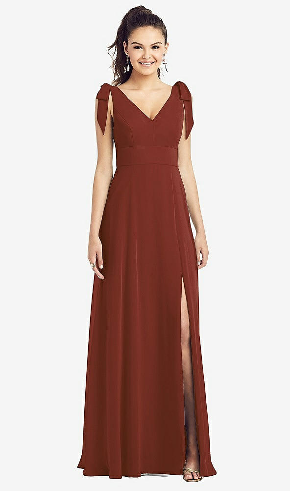 【STYLE: TH018】Bow-Shoulder V-Back Chiffon Gown with Front Slit【COLOR: Auburn Moon】