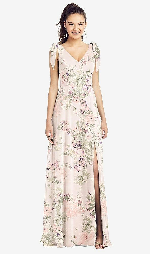 【STYLE: TH018】Bow-Shoulder V-Back Chiffon Gown with Front Slit【COLOR: Blush Garden】