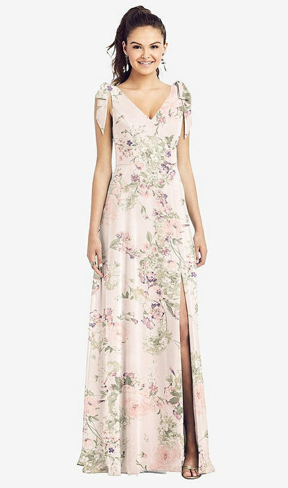 【STYLE: TH018】Bow-Shoulder V-Back Chiffon Gown with Front Slit【COLOR: Blush Garden】