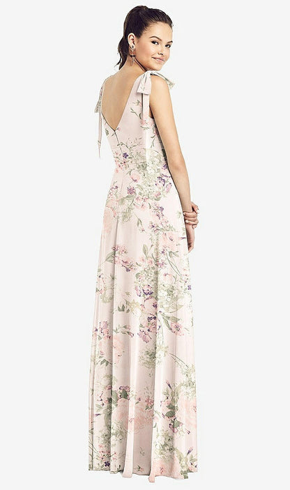 【STYLE: TH018】Bow-Shoulder V-Back Chiffon Gown with Front Slit【COLOR: Blush Garden】
