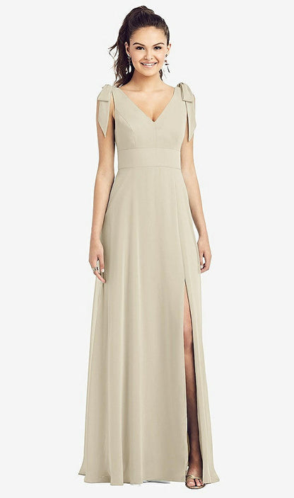 【STYLE: TH018】Bow-Shoulder V-Back Chiffon Gown with Front Slit【COLOR: Champagne】